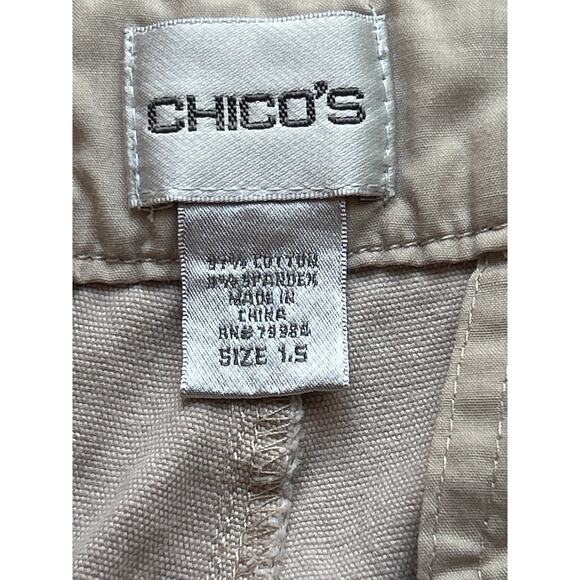 Chico’s  Khaki Shorts Tan Women’s  Size 1.5 or Medium Snap Pockets Longer Inseam - Picture 6 of 7